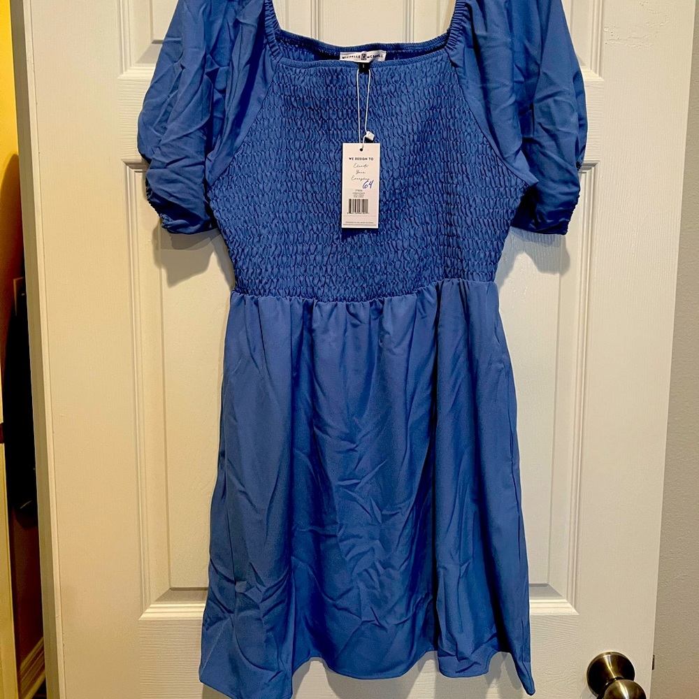 NWT size L Michelle McDowell $64. Blue spring dress super cute